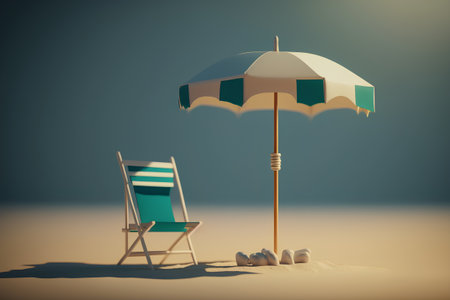 Beach chair and umbrella on sand. 3d render illustration.の素材