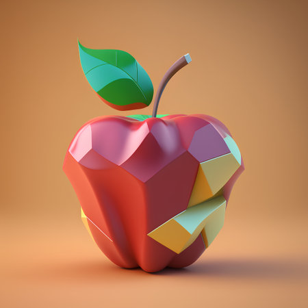 Red apple with green leaf on orange background. 3D illustration.の素材