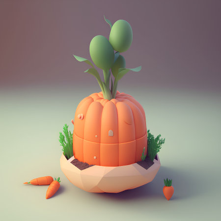 3d render of pumpkin with green leaves and carrot in the potの素材