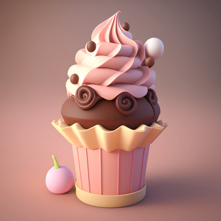 3D render of a cupcake with cream and chocolate icing.の素材