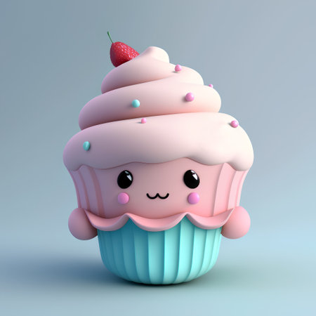 Cupcake with strawberry isolated on blue background. 3d illustrationの素材