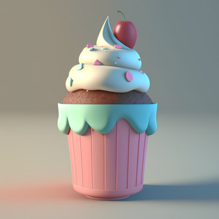 Cupcake with cream and cherry. 3d render illustration.の素材
