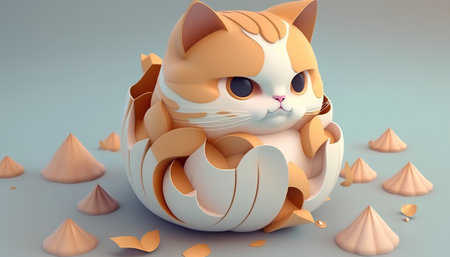 3d rendering of a cute cat sitting in a paper egg shellの素材