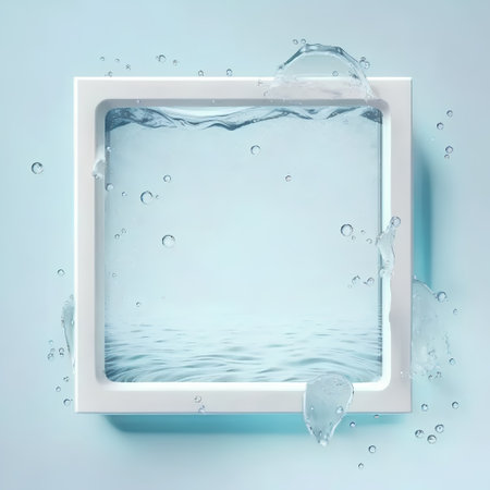 Water splash in the form of a square frame on a blue backgroundの素材