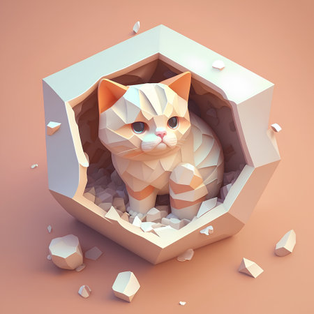 3d rendering of a cute cat inside a hexagon box.の素材