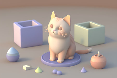 Cute cat sitting on the podium with geometric shapes. 3D renderingの素材
