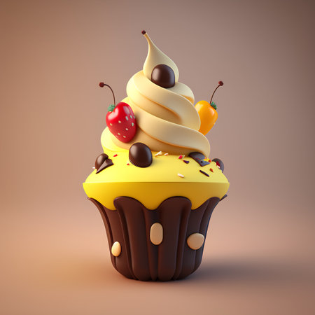 Cupcake with cream, cherry and chocolate. 3d illustrationの素材
