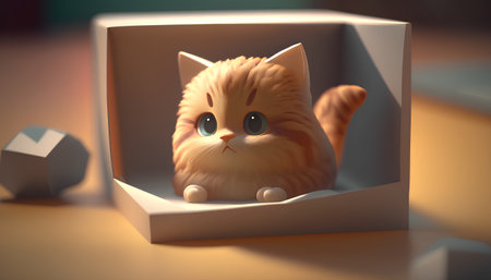 Cute ginger cat in a cardboard box. 3D rendering.の素材