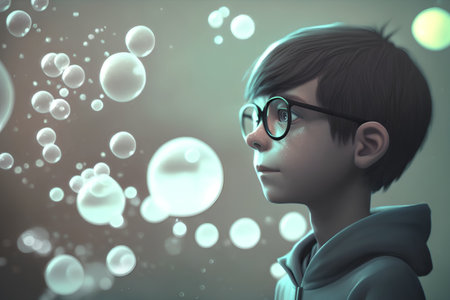3d rendering of a boy in glasses and a coat with bubblesの素材