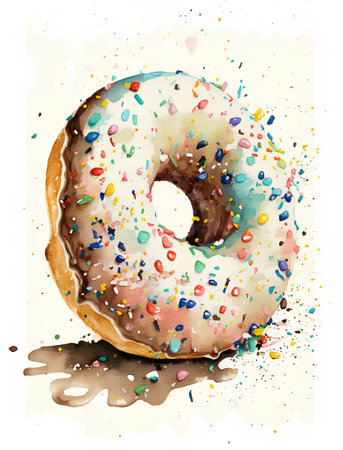 Watercolor donut with sprinkles isolated on white background. Hand drawn illustrationの素材