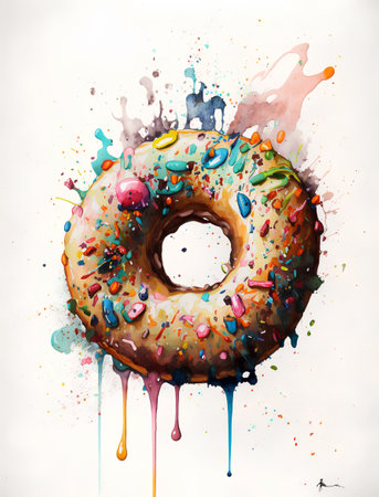 Watercolor illustration of donut with colorful splashes on white backgroundの素材
