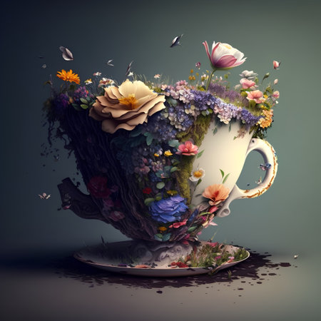 Vintage cup with flowers and butterflies on dark background, 3d renderの素材
