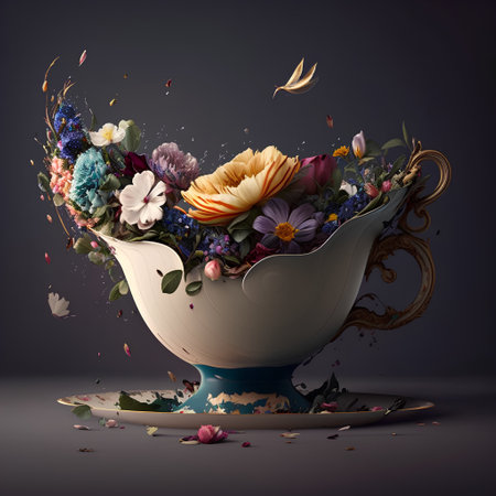 Beautiful bouquet of colorful flowers in vase on dark backgroundの素材