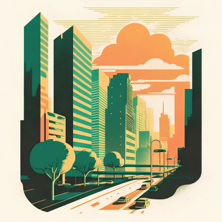 cityscape in the style of the 20th century, retro illustrationの素材