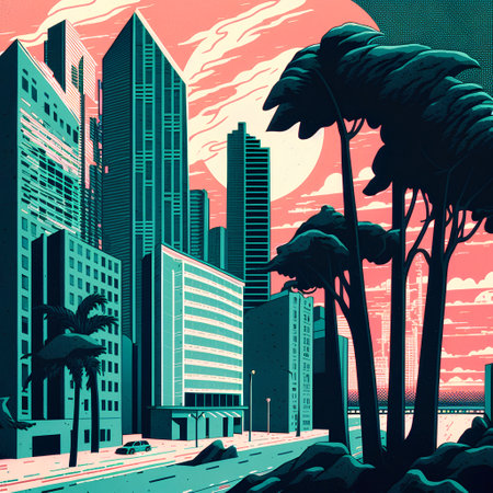 Cityscape with skyscrapers and palm trees. Vector illustration.の素材