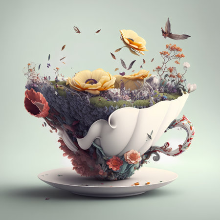 3D render of a flower vase with flowers and butterflies.の素材