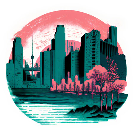 Hangzhou city skyline in the sun, hand drawn vector illustrationの素材