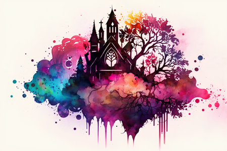 Gothic church with tree on watercolor background. Vector illustration.の素材