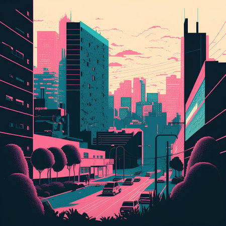 Cityscape with street and skyscrapers at sunset. Vector illustrationの素材