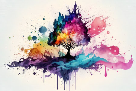 Abstract tree and colorful splashes on white background, vector illustration.の素材