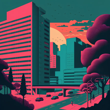 Modern city at sunset with skyscrapers and cars. Vector illustration.の素材