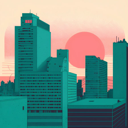 City with skyscrapers at sunset. Vector illustration in retro style.の素材
