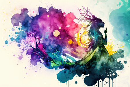 Beautiful silhouette of a unicorn on a watercolor splash background.の素材