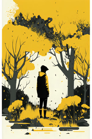 Vector illustration of a woman walking in the autumn forest with bare trees.の素材