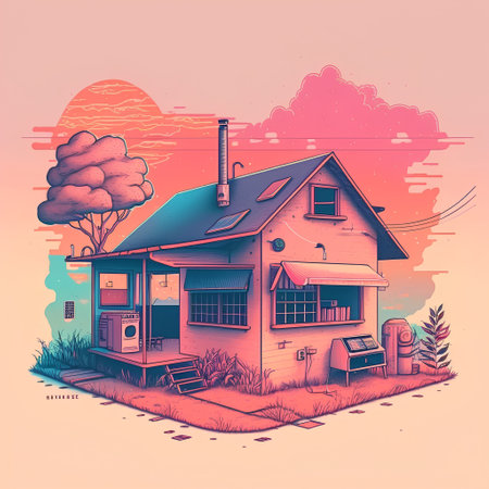 Cottage on the background of the sunset. Retro style. Vector illustration.の素材