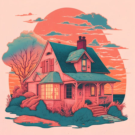 Vector illustration of a house on the background of a beautiful sunset.の素材