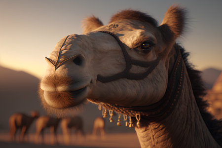 Portrait of a camel in the desert at sunset. Selective focus.の素材