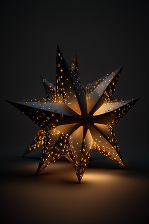 3d render of christmas star with bokeh effect on dark backgroundの素材