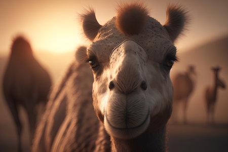 Portrait of a camel in the desert at sunset. Selective focus.の素材