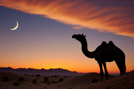 Silhouette of camel in the desert at sunset. 3d renderingの素材