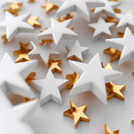 3d render of white and gold stars over white background with shadowの素材
