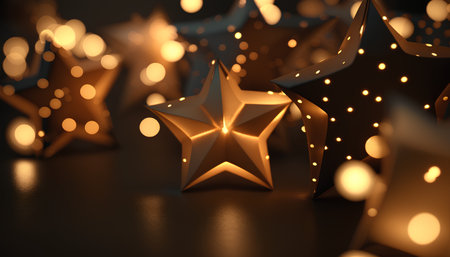 3d render of golden christmas stars with bokeh lightsの素材