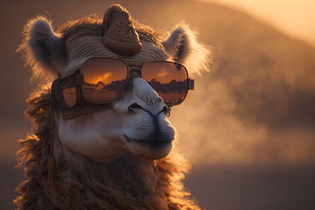 Close up of camel wearing sunglasses in the desert with sunset in the backgroundの素材