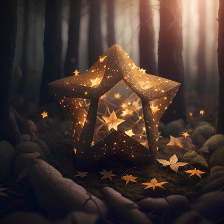 Magic glowing star in the forest. 3D Rendering, 3D illustration.の素材