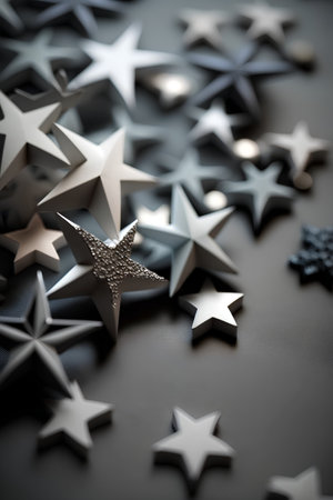 Silver stars on dark background. Christmas decoration. Selective focus.の素材
