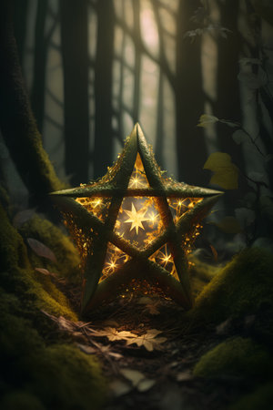 Christmas star on green moss in dark forest. 3D rendering.の素材