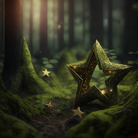 christmas star in the forest, 3d render and dark backgroundの素材