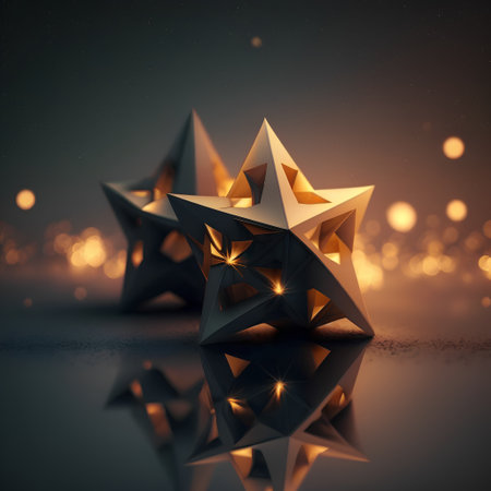Three stars on a dark background with bokeh. 3d renderの素材