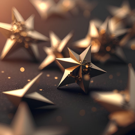 3d illustration of golden christmas stars on black background with bokeh effectの素材
