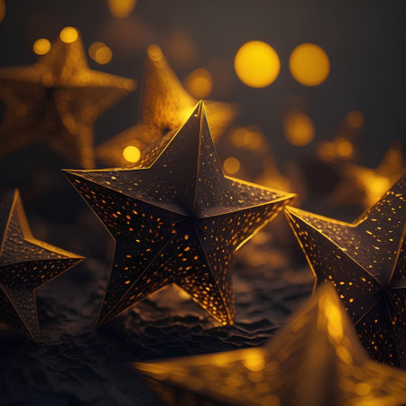 Christmas background with golden stars on dark background. Shallow depth of fieldの素材