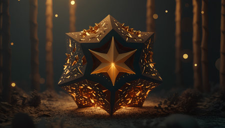 3d illustration of golden star in crystal block on a dark backgroundの素材