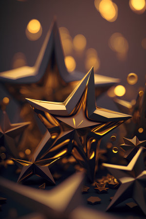 3d illustration of golden stars on a dark background with bokehの素材