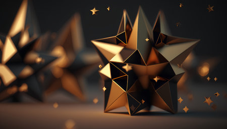 3d rendering of abstract golden geometric shapes on dark background with starsの素材