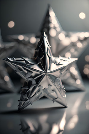 Silver Christmas star on a black background. Shallow depth of field.の素材