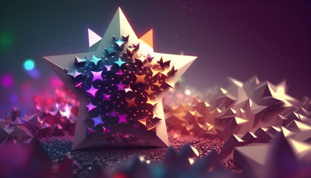 3d illustration of abstract geometric composition with stars and bokeh lightsの素材