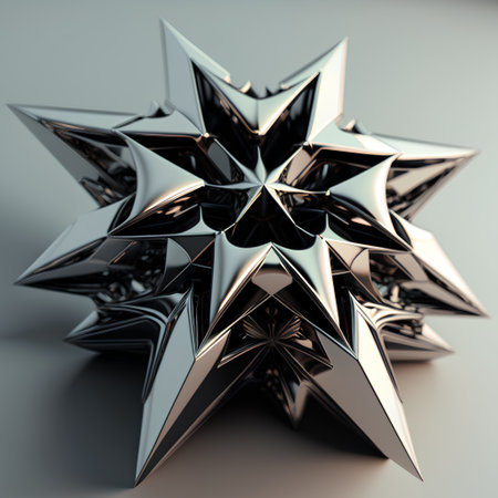 3d rendering of a metallic star on a gray background with reflectionの素材